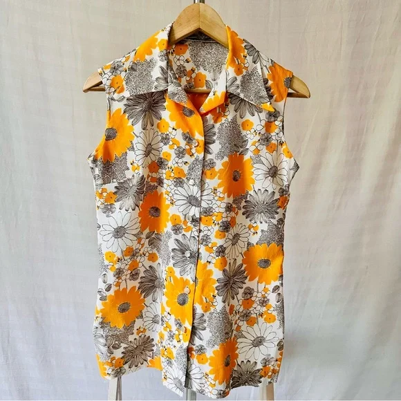 SOLD. Vintage 60s Homemade Sleeveless Button-Up Blouse Collar Gold Floral Medium - Picture 5 of 9